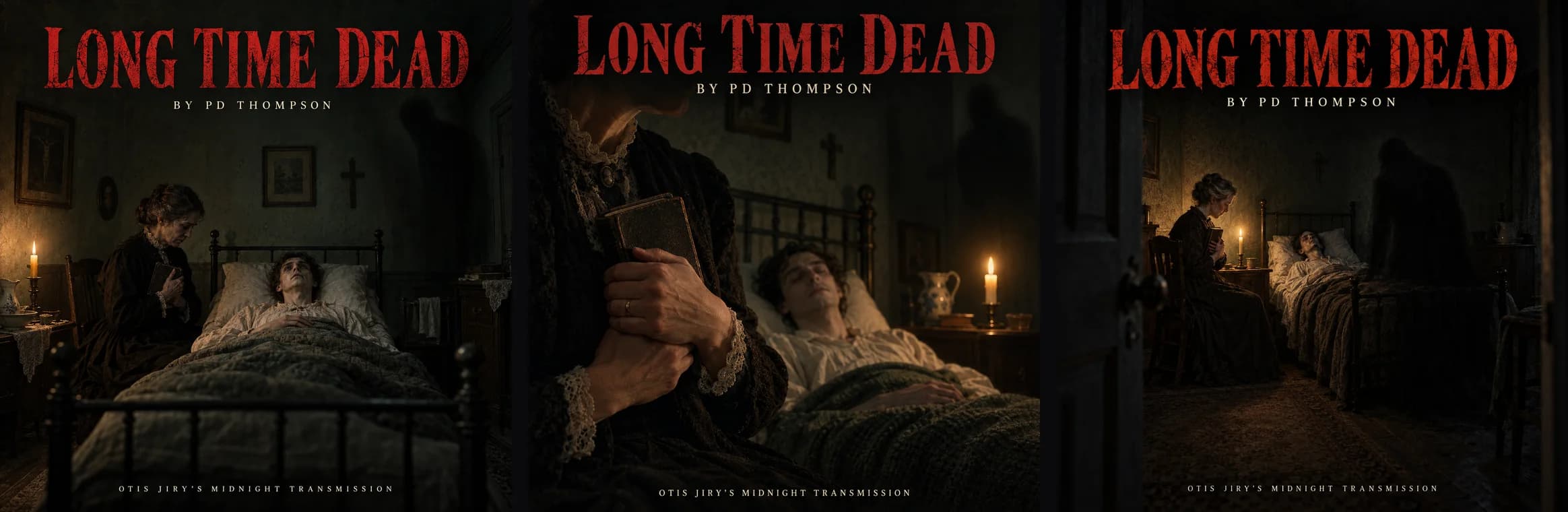 Three AI-generated cover candidates for Long Time Dead by PD Thompson, each showing a candlelit bedside scene with a shadow figure