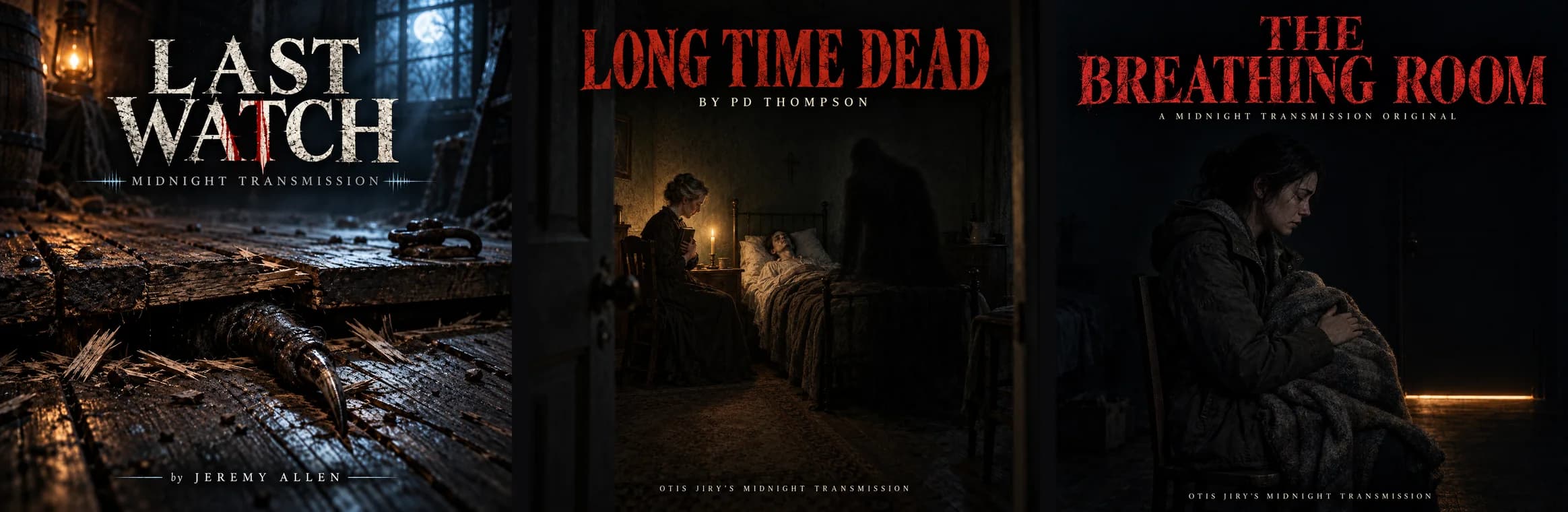 The final covers for Last Watch, Long Time Dead, and The Breathing Room side by side