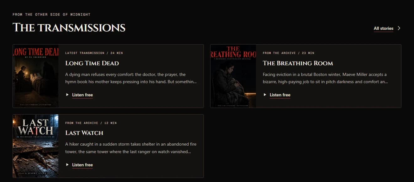The Transmissions section of otisjiry.com with three episode cards: Long Time Dead, The Breathing Room, and Last Watch, each with cover art and runtime