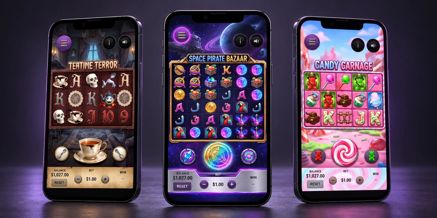 Illustrative presentation of three Slotica game themes on phones: Teatime Terror, Space Pirate Bazaar, and Candy Carnage