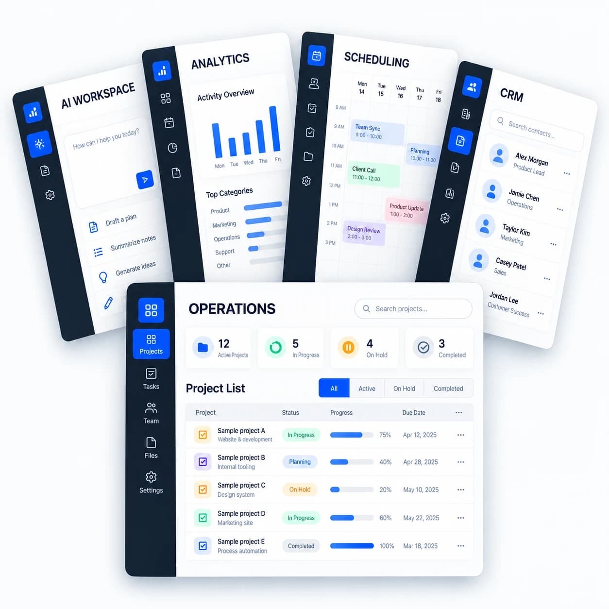 Illustrative business dashboards fanned out: operations, CRM, scheduling, analytics, and an AI workspace, all with fictional data