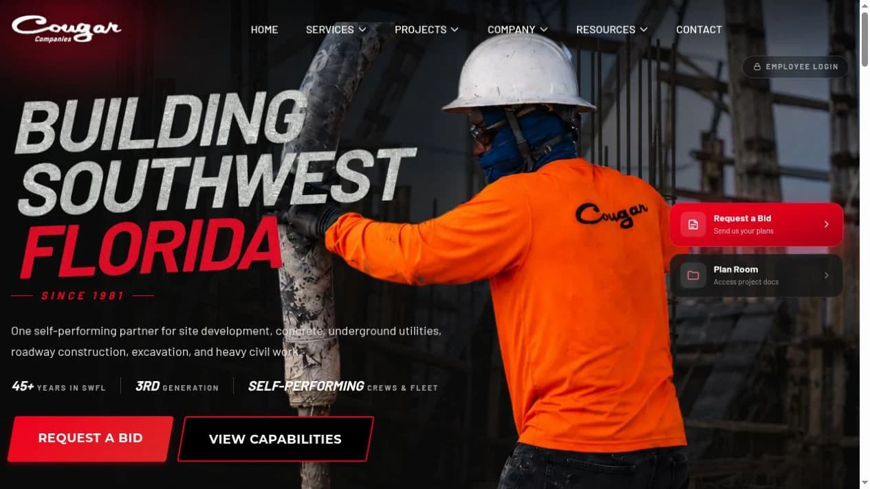 Cougar Companies’ public homepage featuring its Southwest Florida construction work