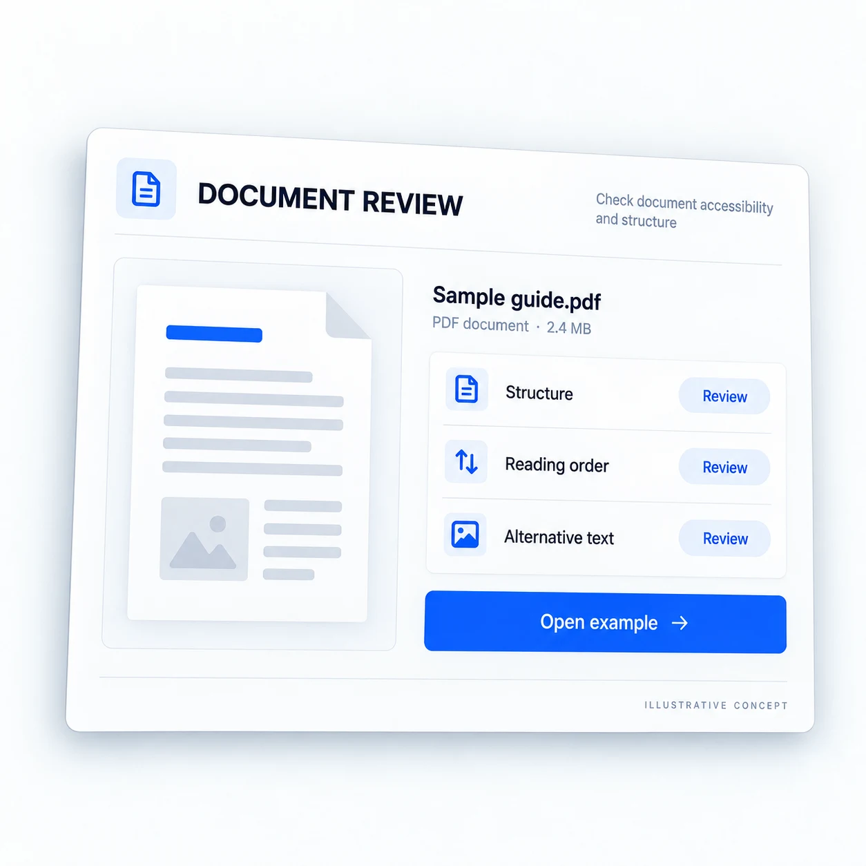Illustrative document review tool with fictional example content