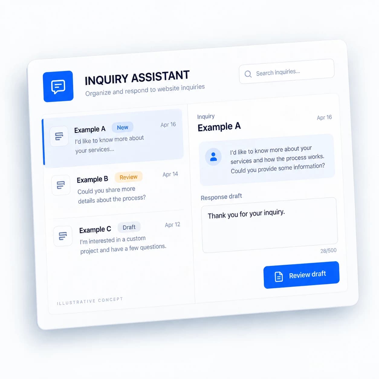 Illustrative inquiry assistant tool with fictional example content